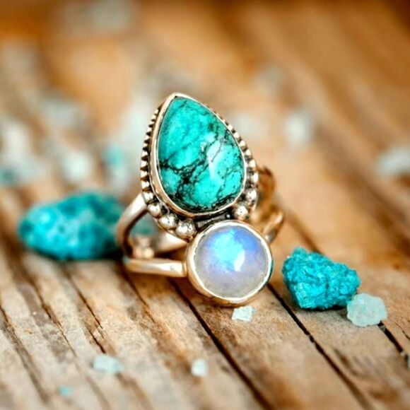 Boho Style Ring Inlaid Waterdrop Shape Turquoise Color Spherical Moonstone Match - Picture 4 of 8